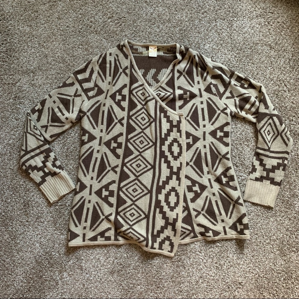 Brown Tribal Print Open Front Cardigan